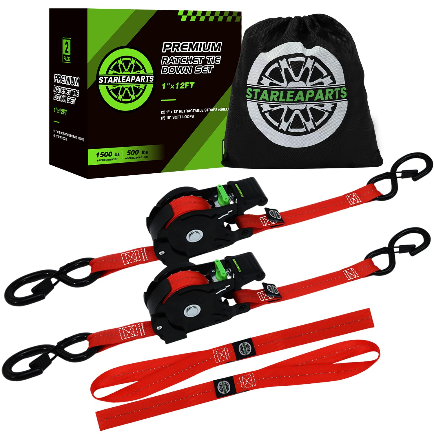 STARLEAPARTS Retractable Ratchet Straps(2PK 1.0INX12FT) - 1,500lb Break Strength, Ratchet Strap Heavy Duty with Rubber Coated Handle, Perfect Auto Ratchet Straps for Motorcycle, Kayak and Trucks Image