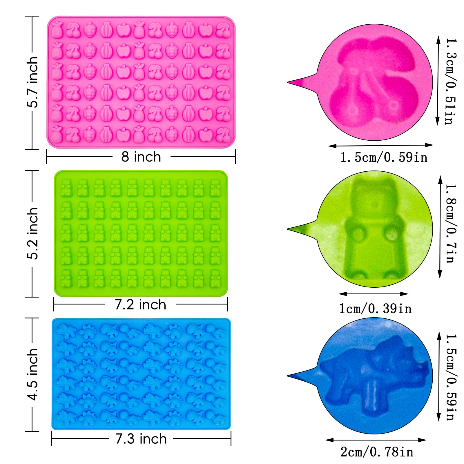 Gummy Candy Molds - Silicone Mini Gummy Bear/Dinosaur/Fruit Snack Molds for Kids With 2pcs Dropper,Non-stick and Bpa Free for Candy Chocolate Gummies Baking