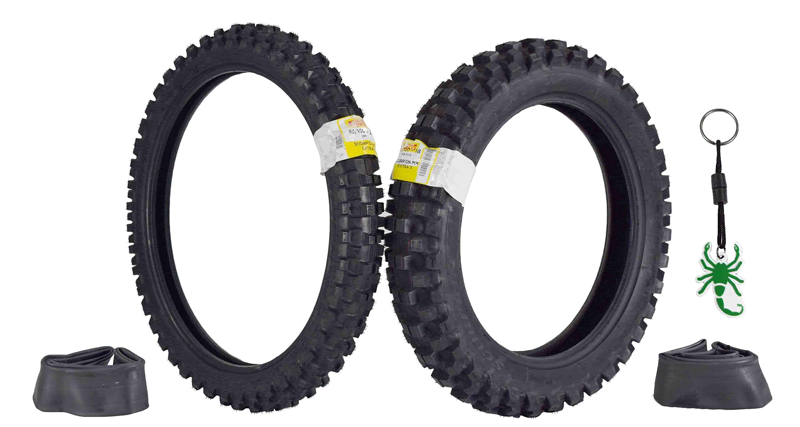 Pirelli Scorpion MX32 Extra X Dirt Bike Front and Rear Motocross Tires Set w Authentic Pirelli Key Chain (80/100-21 F 110/100-18 R with Tubes)
