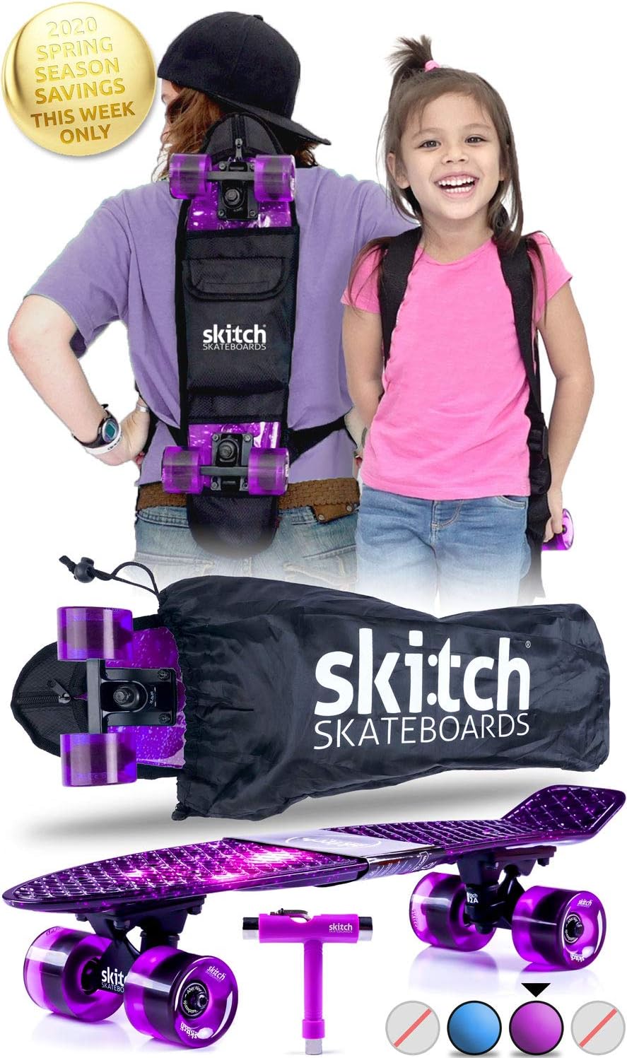 Skitch Skateboards Skitch Premium Skateboard Gift Set for All Ages + Complete 22" Mini Cruiser + Board Backpack + Skate Tool + Tote Bag