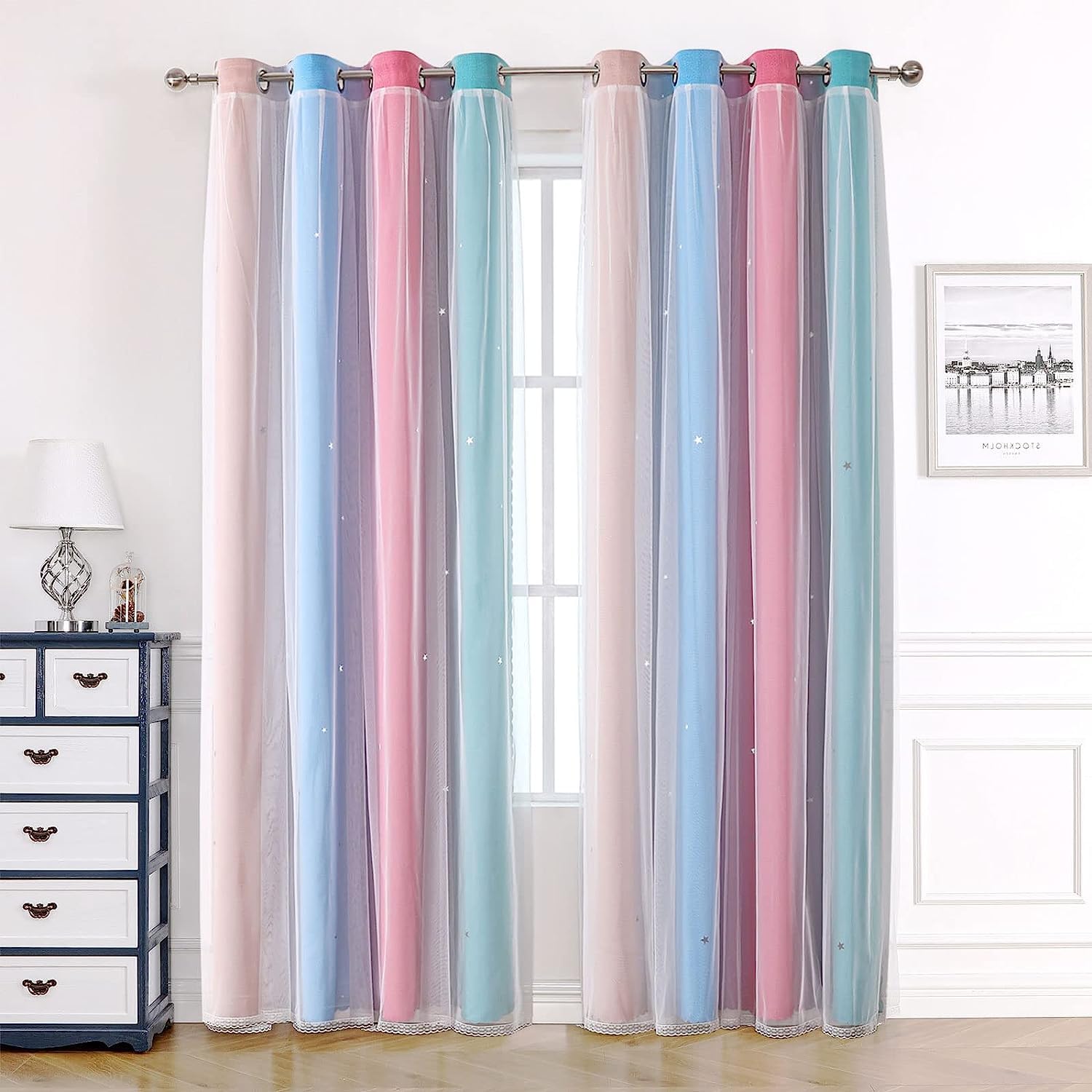 KAHEAUM Blackout Curtains for Living Room, Bedroom, Nursery - 2 Panel, 46 x 54 inch Drop, White Voile Net, Soundproof, Thermal, Eyelet Star, Pink, Grey, Rainbow