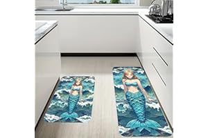 RLDOBOFE Blue Waves Squama Mermaid Scale Kitchen Mats Set of 2 Cushioned Anti-Fatigue Non-Slip Kitchen Runner Rugs Comfort Fo