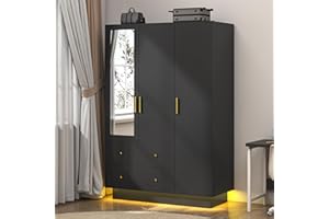 jiteentarou 3 Door Wardrobe Closet with Mirror and LED Lights, Bedroom Armoire with Drawers Shelves, Modern Wooden Armoire Wardrobe Closet with Hanging Rod for Bedroom, Black
