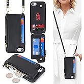 Cavor for iPhone 8 Plus Wallet Case with Card Holder for Women,for iPhone 7 Plus Case with Strap,Crossbody Lanyard and Wristlet Zipper Pocket Phone Cover-Black