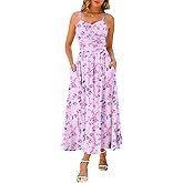 Maggeer Women's Summer Fall Adjustable Spaghetti Strap Ruched Maxi Dress Floral Boho Long Sundress with Pockets