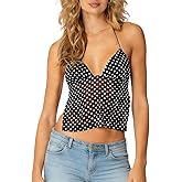 Women Polka Dot Camisole Top Y2k Halter Tie Back Crop Tank Tops Sexy V Neck Mesh Going Out Streetwear