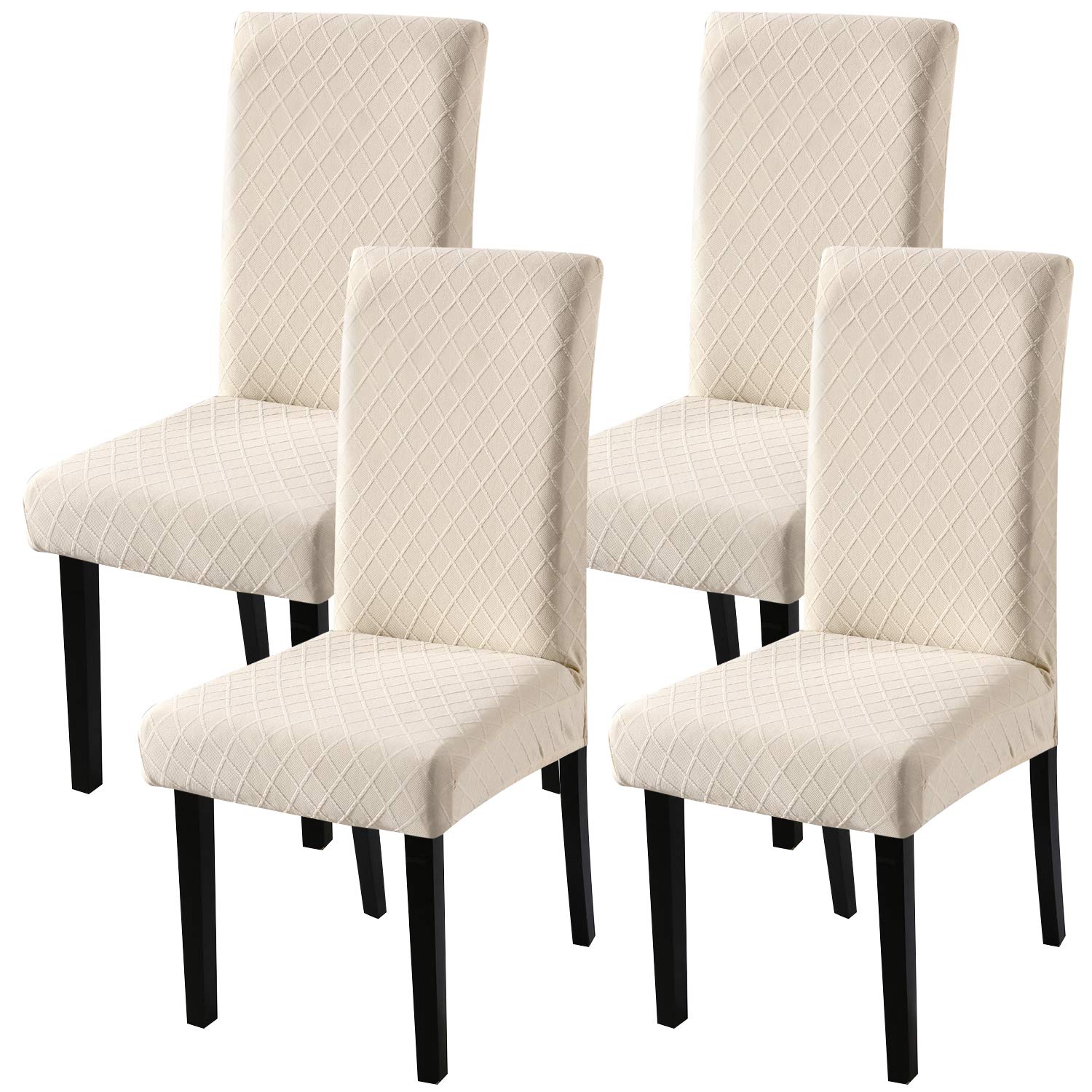 Fuloon Chair Covers Jacquard Lattice Seat Cover for Dining Room Chairs Set of 4, Stretch Removable Chair Seat Slipcovers Protector, Beige