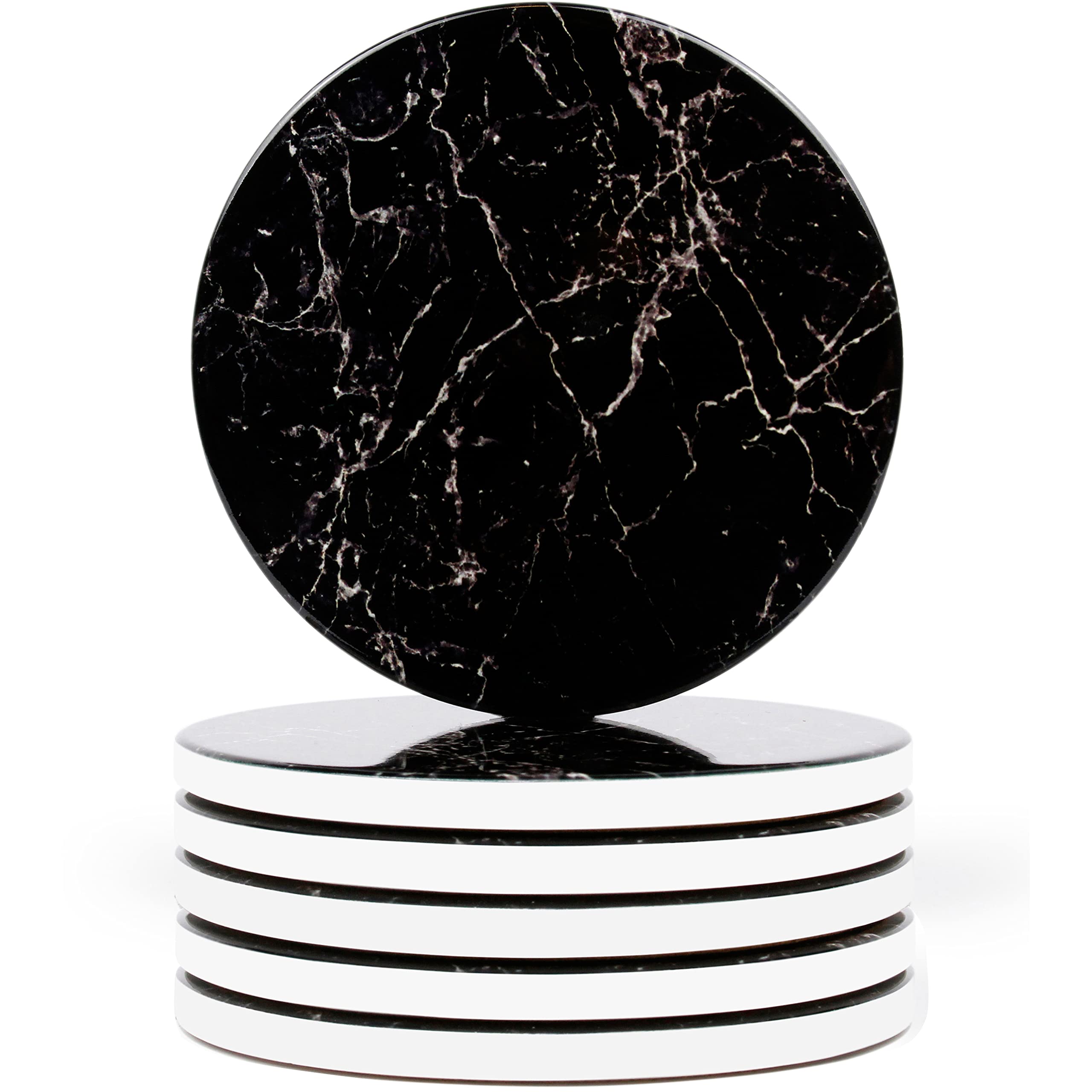 Naivasha Homeware Marble Coasters Set of 6 - Stunning Decorative Coasters in GLOSS Finish, Elegant Stone with Cork Bottom - Black Marble