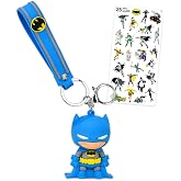 Batman Keychain Bundle ~ Deluxe Silicone 3D Character Figure Superhero Keyring with Strap and Charm Plus Stickers | Batman Key Ring for Backpack