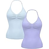 OLCHEE Womens Halter Tank Tops V Neck Impact Backless Longline Strappy Adjustable Gym Workout Top Padded