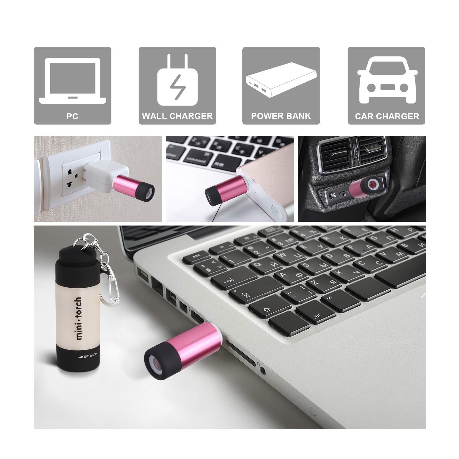 VICOUP 2 Pack LED Keychain Flashlight, Ultra Bright Key Ring Rechargeable Flashlight, Small, Mini, Assorted Colors … (Red)