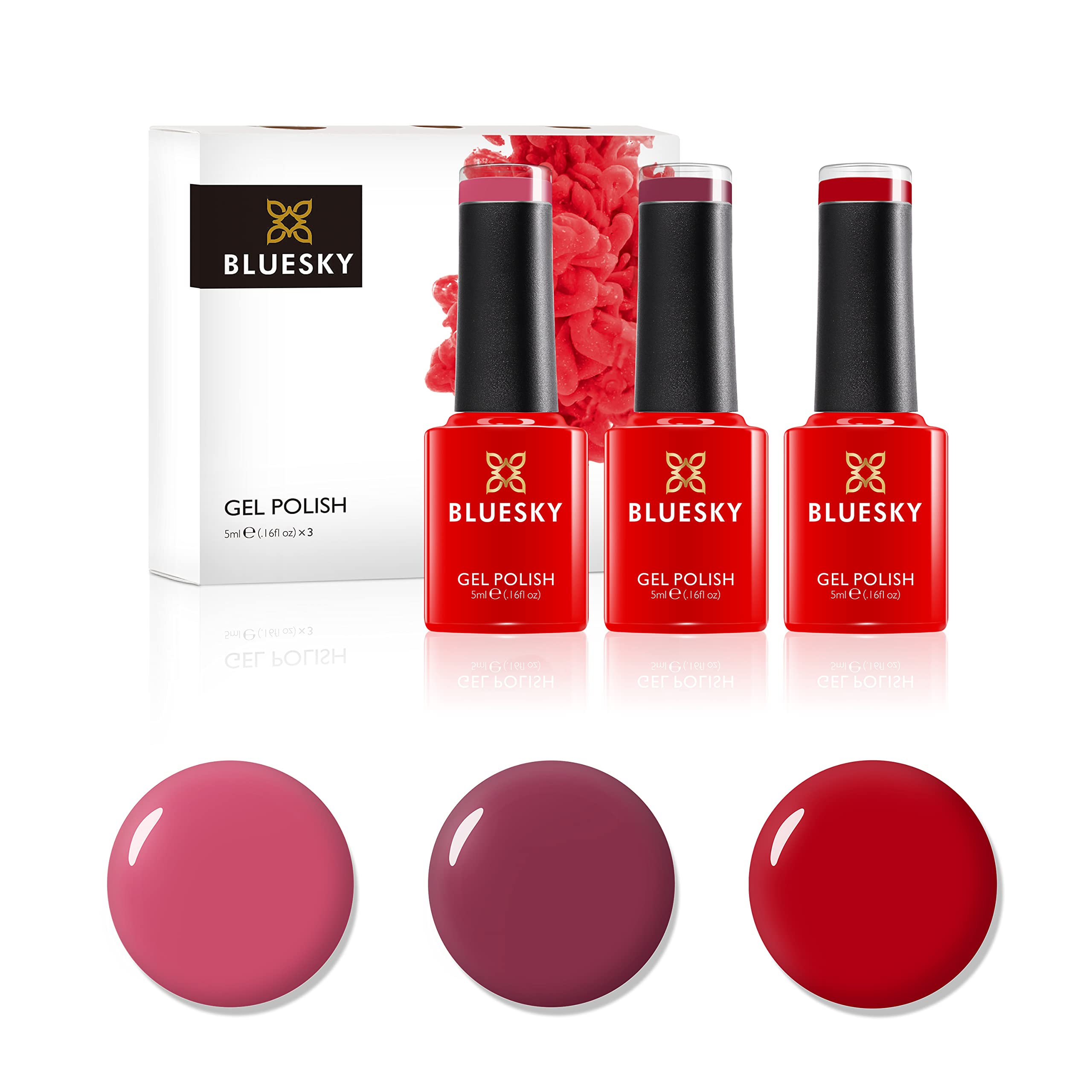 Bluesky Gel Nail Polish Set, Reds, Pillar Box Red D160, Tropix 80505, Decadence 80525, 3 x 5 ml, (Requires Curing Under UV or LED Lamp)