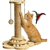 Sudehfei Wooden Cat Scratching Post, 4 in 1 Cat Scratcher Kitten Toys | 17.7" Tall Sisal Post for Indoor Cat with Two-Laye Wooden Ball Track, Ideal for Small Medium Cat