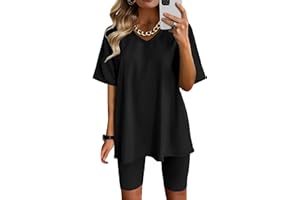 AGSEEM Two Piece Outfits For Women Summer V Neck T-Shirt Tops Biker Shorts Workout Sports Tracksuit