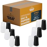 Disposable Plastic Salt and Pepper Shakers Set Bulk [12 Pack] &ndash; 6 Prefilled 4 Oz. Iodized Table Salt + 6 Prefilled 1.5 Oz. Pepper Sets for Travel Camping Outdoor - Small Mini Holes for Even Dispensing