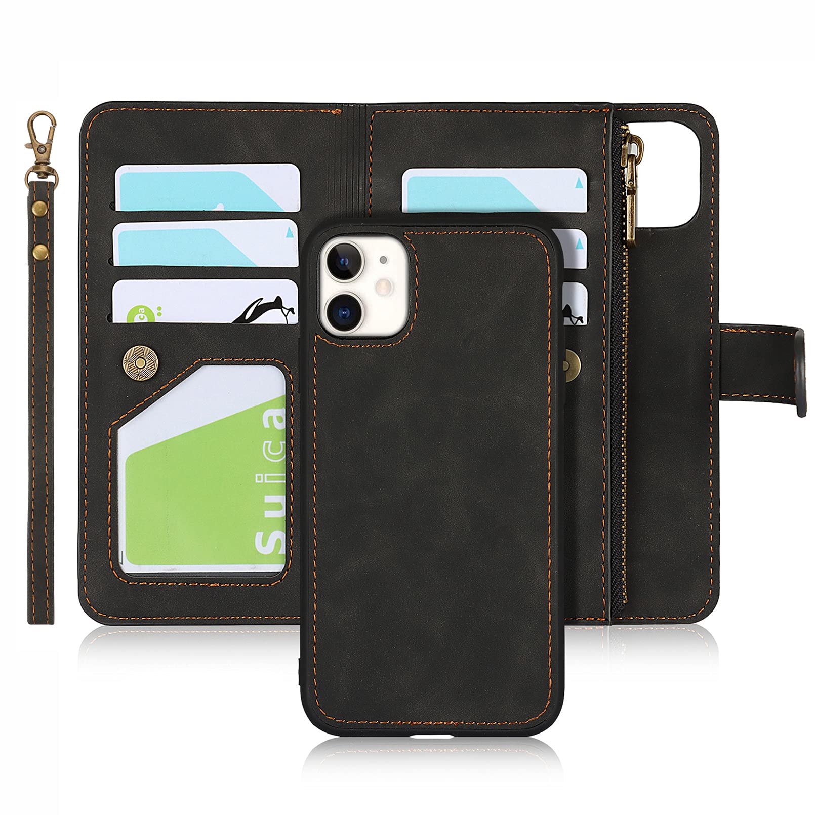 Zouzt Zipper Coin/Cash Wallet Case Compatible with iphone 11,[6 Card Slots] [Wrist Strap] [Stand Feature] Detachable 2 in 1 Magnetic Leather Slim Cover Case for iphone 11-Black