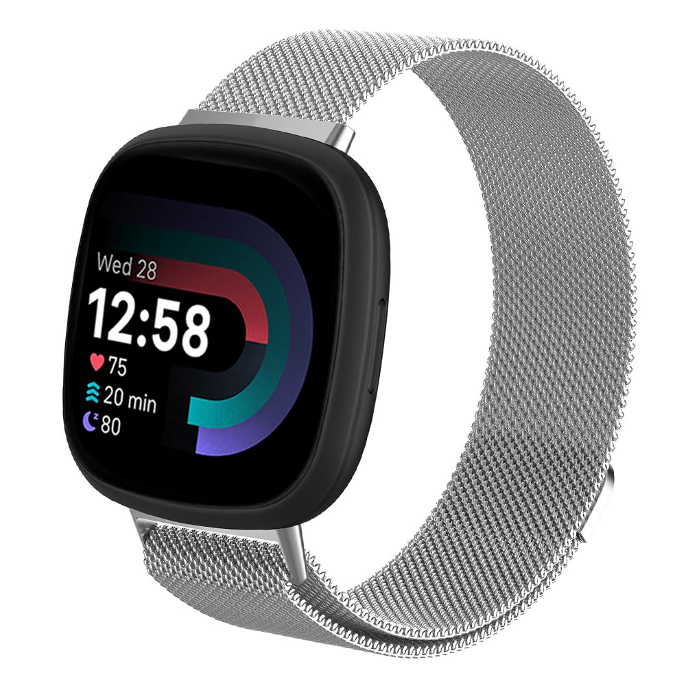 Moydolo Compatible with Fitbit Versa 3 Versa 4 Bands Women Men, Stainless Steel Metal Adjustable Magnetic Lock Loop Replacement Mesh Straps for Fitbit Sense/Sense 2/Versa 3/Versa 4