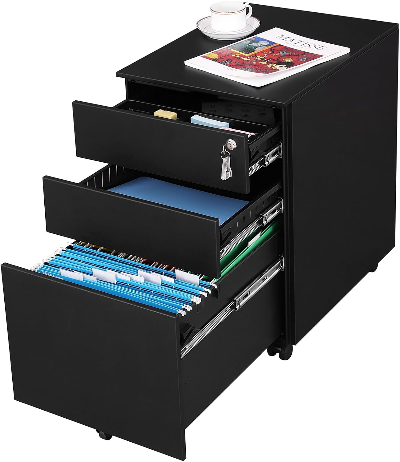 SONGMICS Steel File Cabinet 3 Drawer with Lock Mobile Pedestal Under Desk Fully Assembled Except Casters Black UOFC60BK: Home & Kitchen