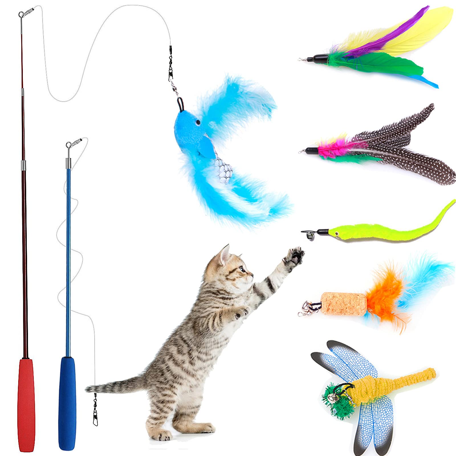 Wineecy 8 Pcs Cat Feather Toy, Cat Toy Wand, Teaser Wand Toy Set, Cat Toys Interactive Retractable Wand Rod with Assorted Feather Toy for Exercising Kitten or Cat (Double Wand)