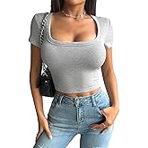 DJT Womens Square Neck Going Out Crop Tops Ribbed Knit Short Sleeve Slim Fit T Shirts Y2K Summer Basics Tees
