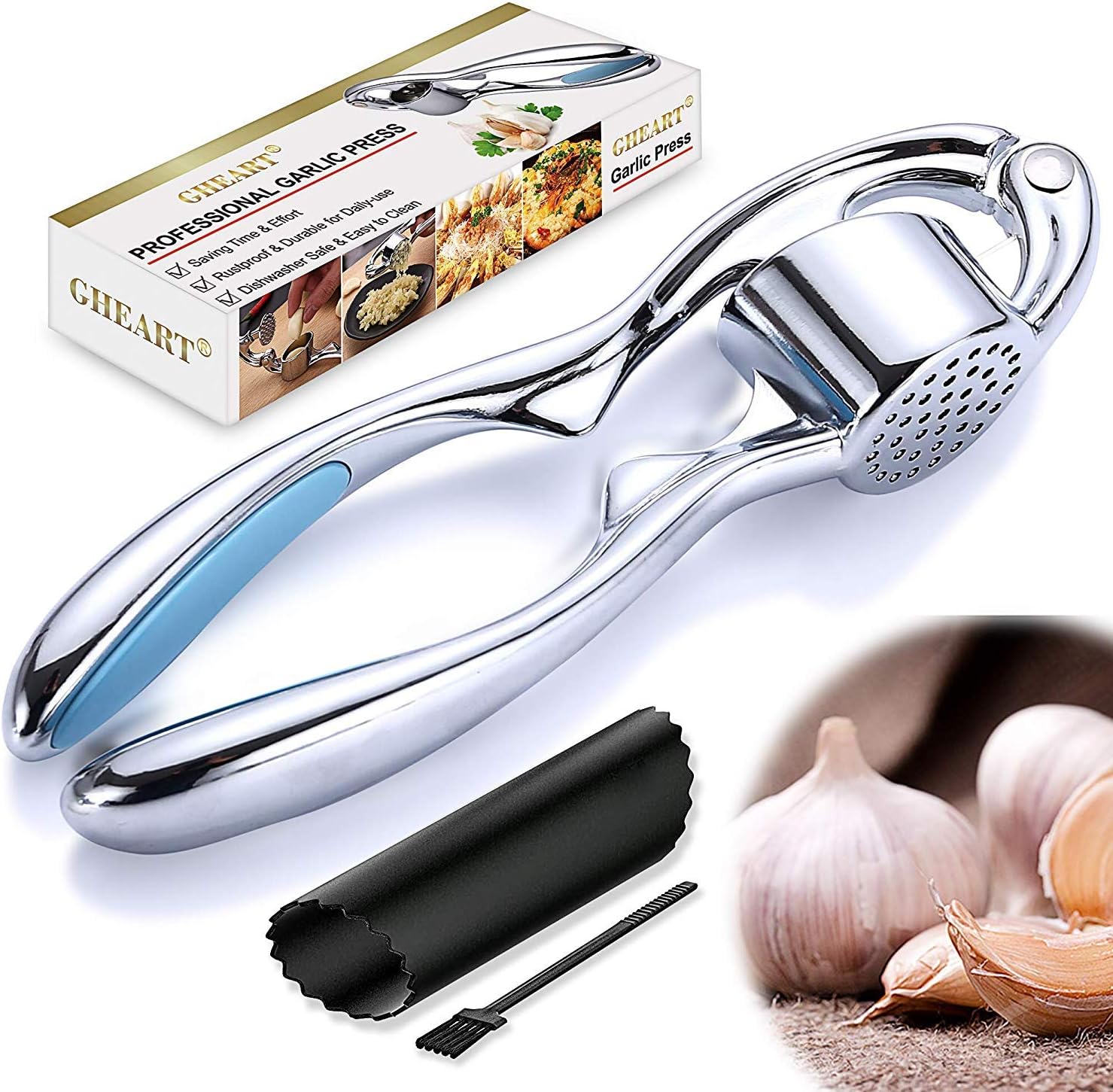 GHEART Profi Knoblauchpresse Set, Rostfrei Knoblauchpresse Knoblauchschneider Spülmaschinenfest Garlic Press Knoblauch Crusher Küchenhelfer mit Silikon Knoblauchschäler und Reinigungsbürste