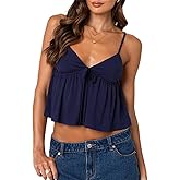 Women Y2k Flowy Ruffle Hem Cami Tank Top Casual Solid Color Deep V Neck Sleeveless Peplum Camisole Summer Beachwear