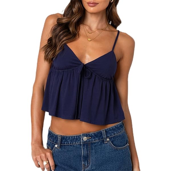 Women Solid Color Bow Cami Top Cute V Neck Tiered Ruffle Hem