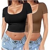 2 Piece Women's Square Neck Short Sleeve Crop Top Y2K Shirt Slim Fitted Casual Base Layer Workout Shirt Going Out Tops