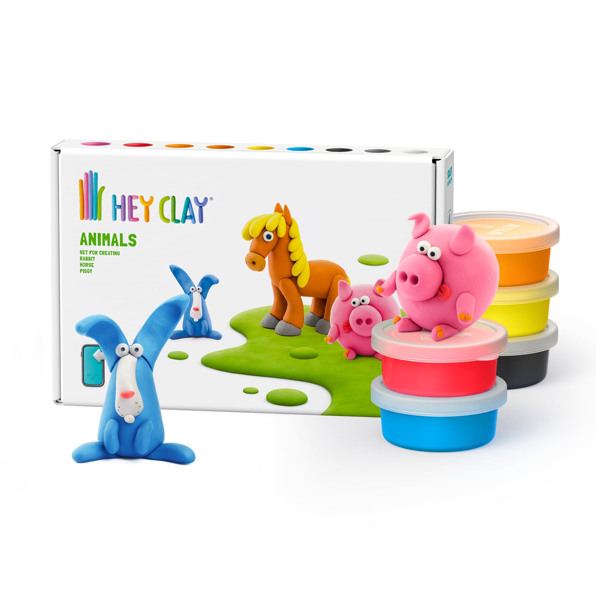Hey Clay Animals: Piggy, Horse, Rabbit Set - Colourful Modeling Kids - Air Dry Clay Kit 6 cans with Fun Interactive Instructions App