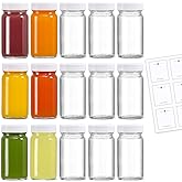 LANDNEOO 15 Pack 2 oz Glass Shot Bottles w/White Lids & 15 Labels - Small Clear Jar for Ginger, Wellness Shot, Juice, Sample, Whiskey - Travel Mini Bottles - Wide Mouth, Leakproof, Dishwasher Safe
