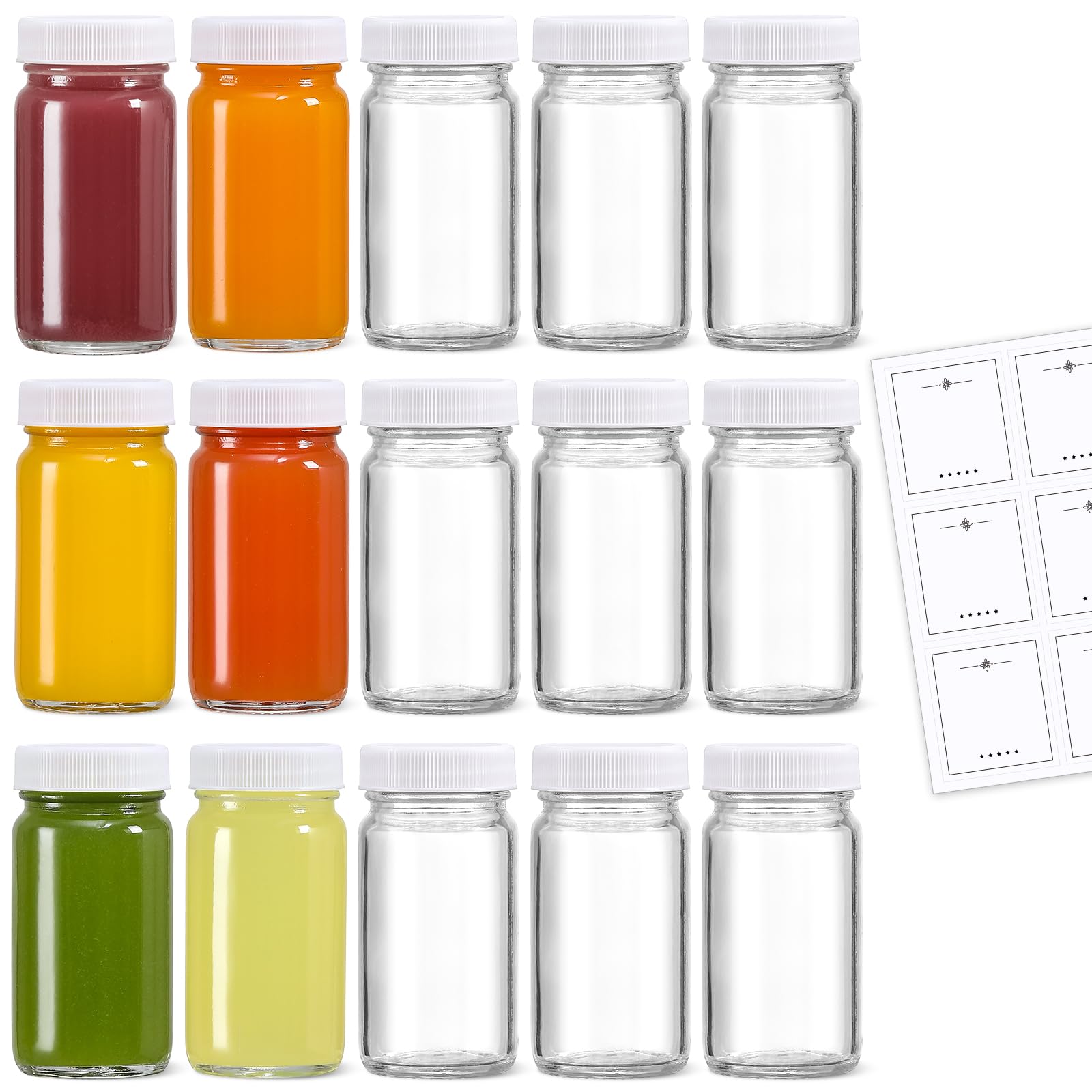 Photo 1 of **MISSING 3**15 Pack 2 oz Glass Shot Bottles w/ White Lids & 15 Labels - Small Clear Jar for Ginger, Wellness Shot, Juice, Sample, Whiskey - Travel Mini Bottles - Wide Mouth, Leakproof, Dishwasher Safe