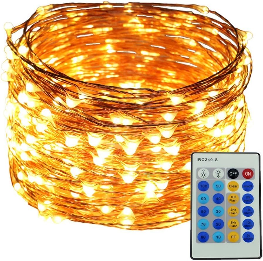 Dimmable LED String Lights,100Ft 300 LEDs Copper Wire Starry String Lights with Remote Control and Adapter For Seasonal Decorative Christmas Holiday, Wedding, Parties(Warm White)