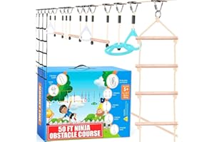 HYPONIX SPORTING Ninja Warrior Obstacle Course for Kids, 2x50 ft Slackline, 10 Weatherproof Obstacles, Up to 880 lbs, Ages 5-12, Includes Ratchet-Tight Technology, Monkey Net, Climbing, Swinging, Outdoor Backyard Fun