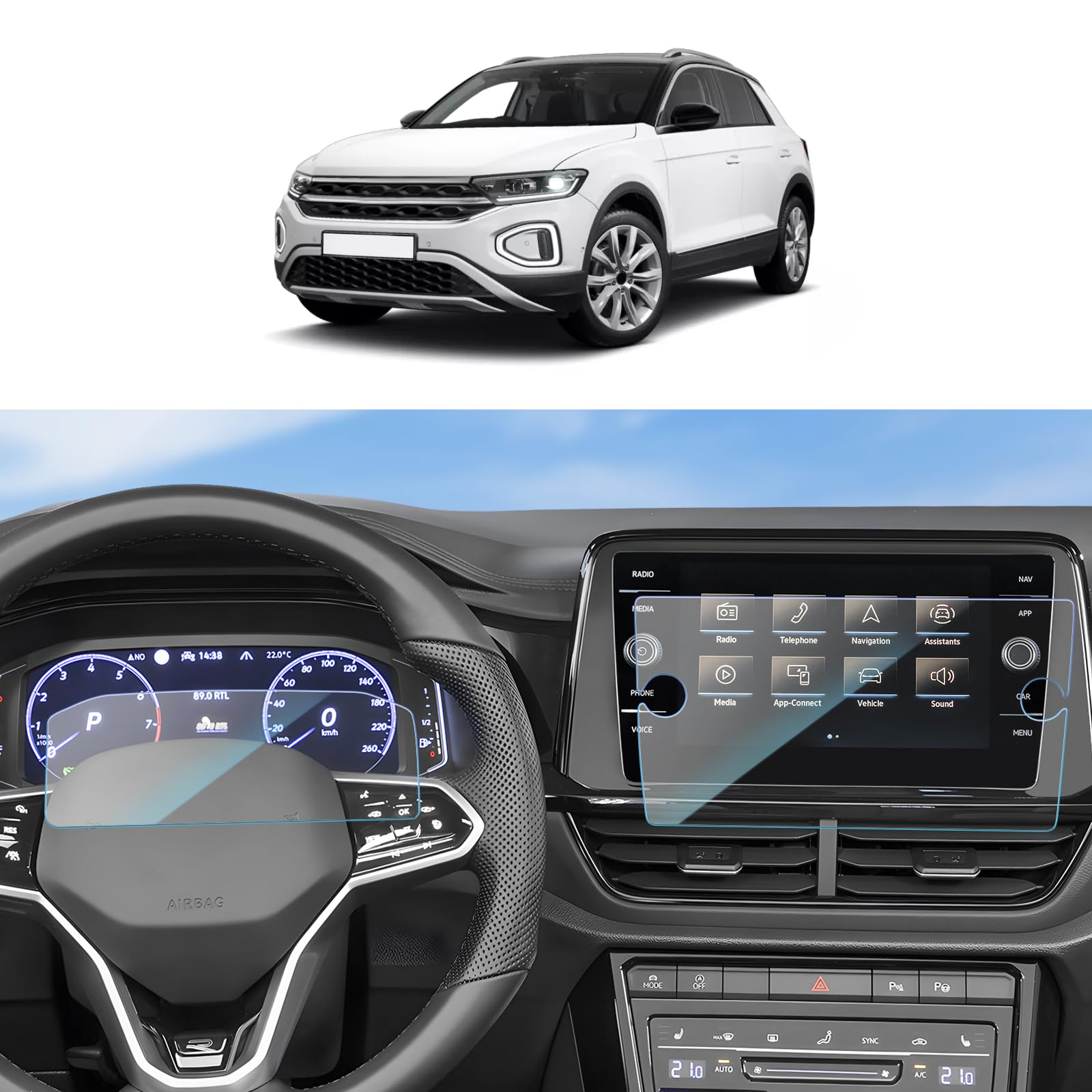 SKTU Screen Protector Compatible with Volkswαgen T-R*O*C/Arte0n 2 / Tiguαn 2 Navigation + Instrument Panel, Tempered Glass Screen Protector, Scratch-Resistant, 8 Inches