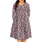 CARCOS Plus Size Dress for Women Tie V Neck Midi Dresses Long Sleeve Boho Dress Elastic High Waist Tunic Dress with Pockets