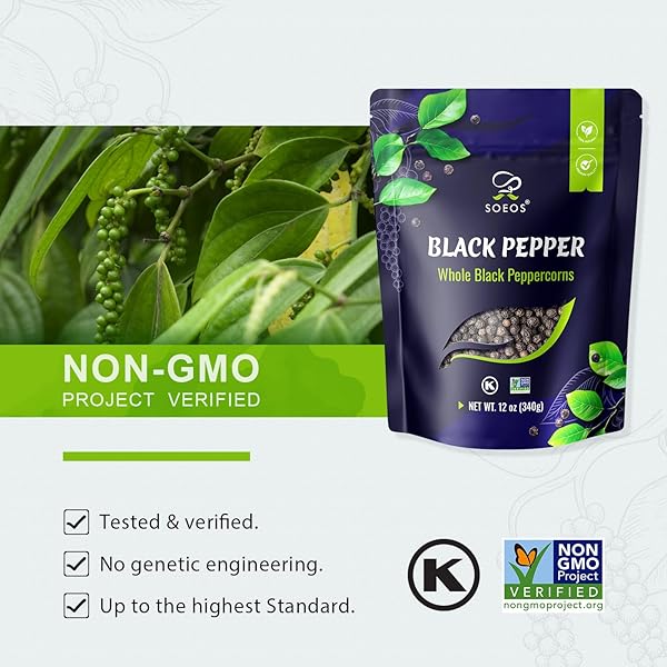 SOEOS BLACK PEPPERCORNS, 12OZ (PACK OF 1), WHOLE BLACK PEPPER, NON-GMO, KOSHER, FRESHLY PEPPERCORN BULK, PACKED TO KEEP PEPPERS FRESH, READY TO USE PEPPERCORNS FOR GRINDER REFILL