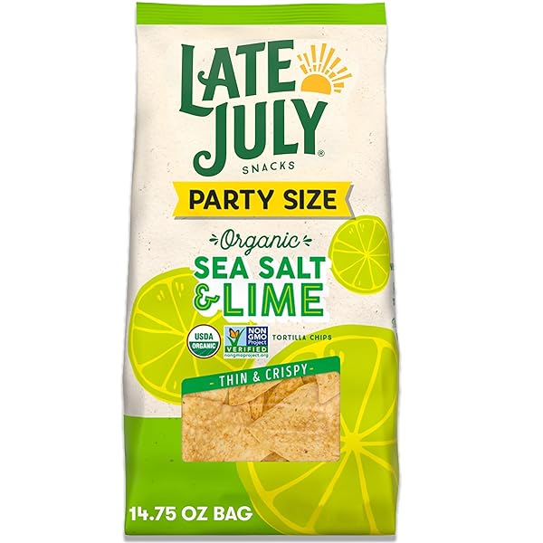 LATE JULY SNACKS, THIN & CRISPY ORGANIC TORTILLA CHIPS, SEA SALT & LIME, 14.75 OZ PARTY SIZE BAG