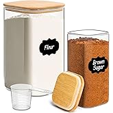 KTMAMA Glass Flour Sugar Storage Containers with Bamboo Lids & Measuring Scoop (1.6Qt/4.6Qt) - Wide Mouth Pantry Storage Containers for Kitchen Counter, Pantry Organization & Baking Essentials 2 pack