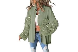 CHICME BEST SHOPPING DEALS Womens Jacket Sequin Patchwork Long Sleeve Jacket Top Button Front Oversized Denim Shacket