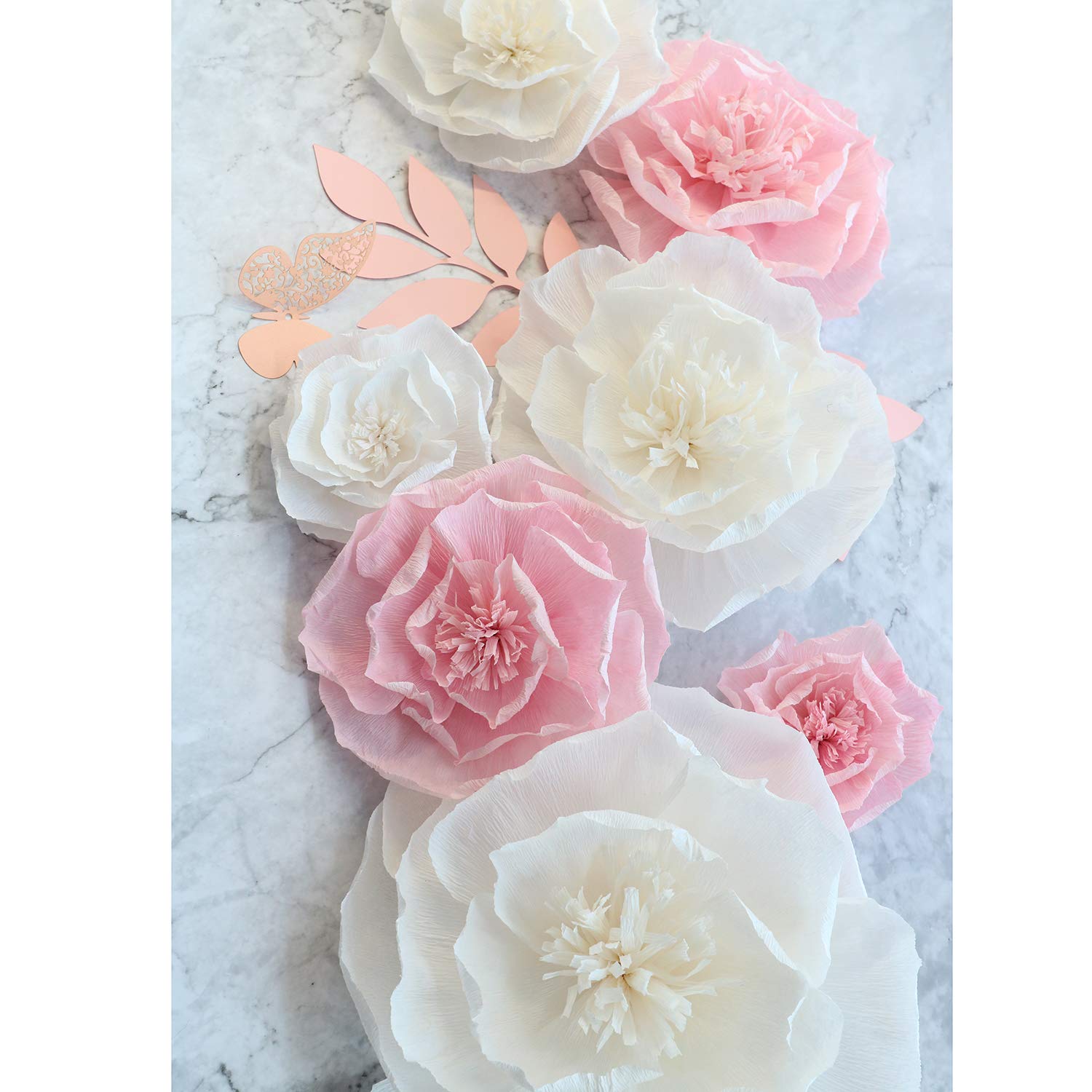 JulyLab Tissue Paper Flower Pink White Set of 13 Craft Crepe Wall Decor DIY Giant Decoration for Wall Baby Nursery Wedding Backdrop Bridal Shower Centerpiece Monogram