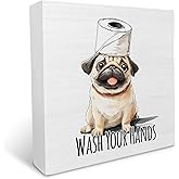 KU-DaYi Funny Dog Pug Bathroom Wooden Box Sign, Wash Your Hands Sign Bathroom Decor, Pug Desk Accessories for Dog Lovers Wooden Block Plaque Desk Shelf Decor 5x5 Inch