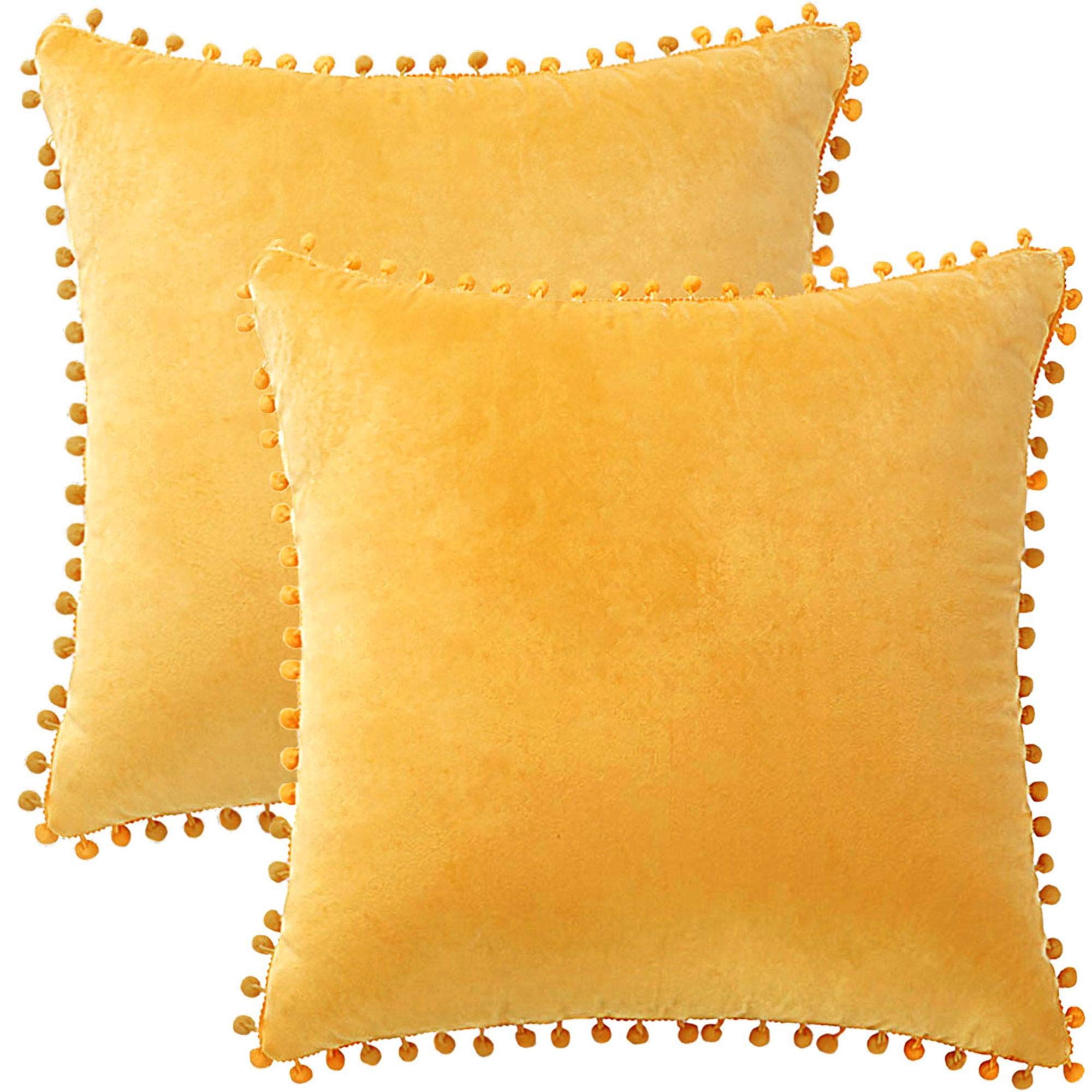 PiccoCasa Velvet Pillow Covers, 2PCS Pom Pom Throw Pillow Cover, Square Solid Soft Cushion Covers for Sofa Couch Bedroom Car Yellow 45 x45cm — image 1