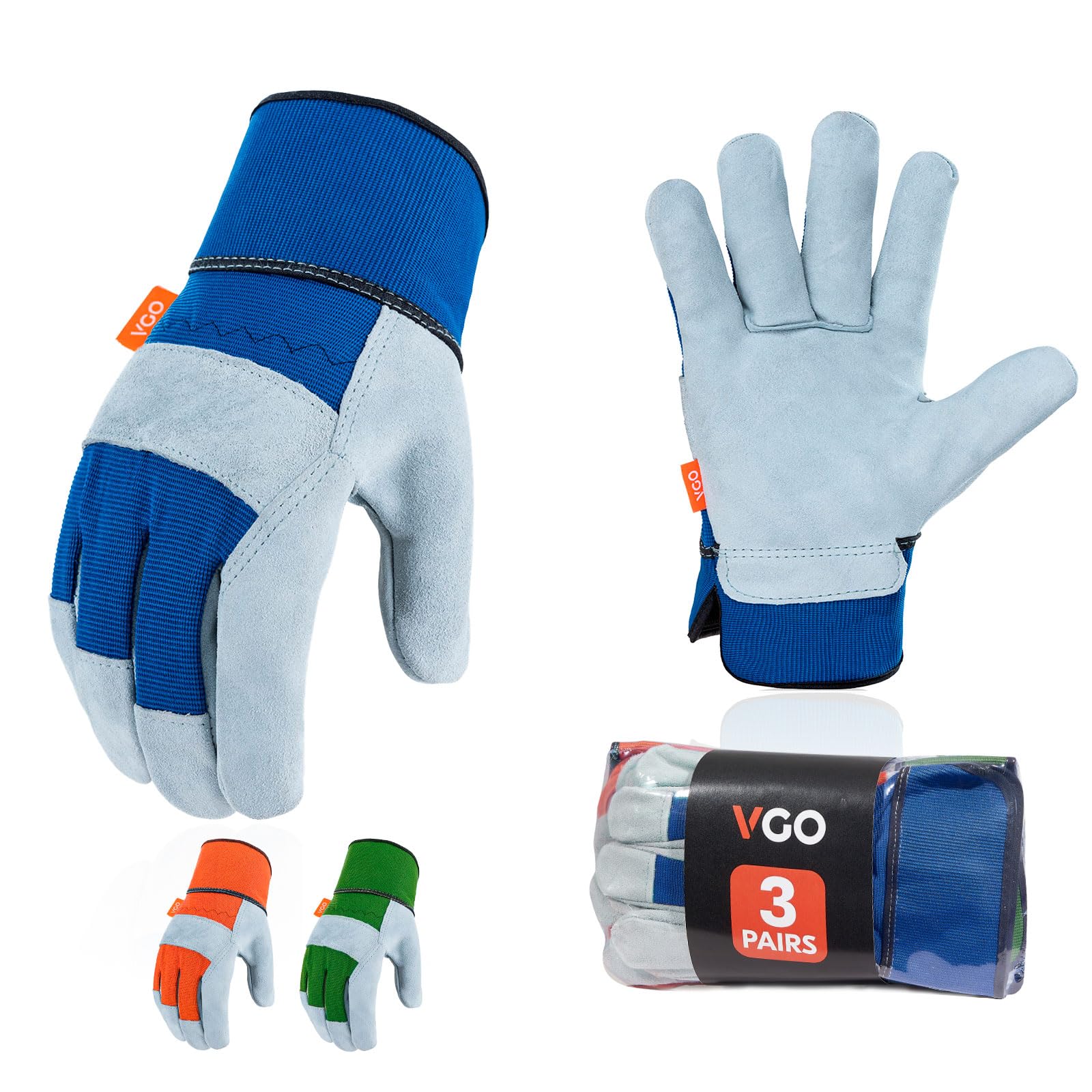 Vgo... 3Pairs Gardening Gloves Cowhide, Work Gloves Thornproof Utility for Yard Trucker Delivery Garden with Strong Grip