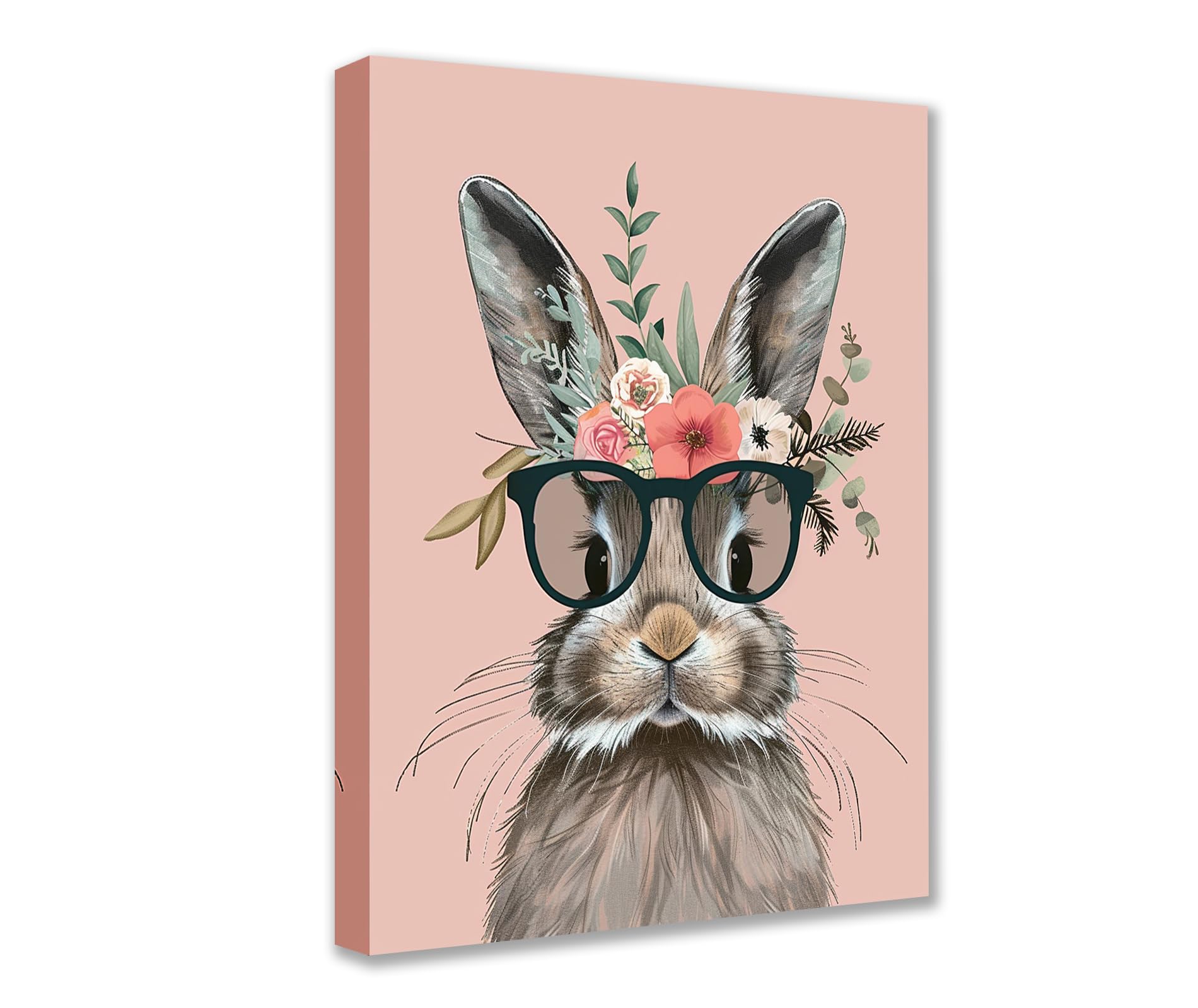 Little Rabbit Wearing Sunglasses Poster Prints Artwork Funny Cute Animal Flowers 1P Canvas Room Wall Creative Pictures Home Decor for Living Room Framed Gallery-Wrapped Ready to Hang 16x24inch