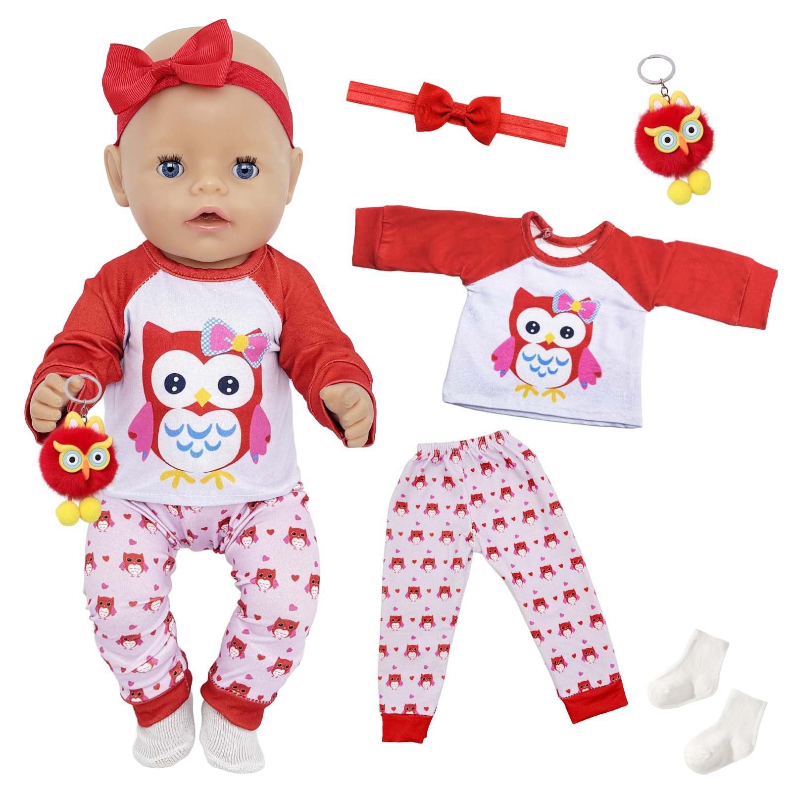 5 Pcs Doll Clothes for 14-18 inch Baby Dolls, Sweet Baby Outfits with Owl Top + Shorts + Pendant + Hairband + Socks, 35cm/43cm New Cute Baby Cartoon Doll Clothes Birthdays Gifts