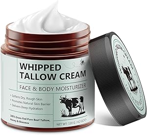Beef Tallow Creme - Rindertalg Skincare, 100% Gras gefüttert reinen Rindertalg, Natürliche Honig Feuchtigkeitscreme für Gesicht Körper Tiefe Hydratation, Whipped Tallow Balm 120 G