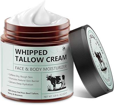 Beef Tallow Creme - Rindertalg Skincare, 100% Gras gefüttert reinen Rindertalg, Natürliche Honig Feuchtigkeitscreme für Gesicht Körper Tiefe Hydratation, Whipped Tallow Balm 120 G
