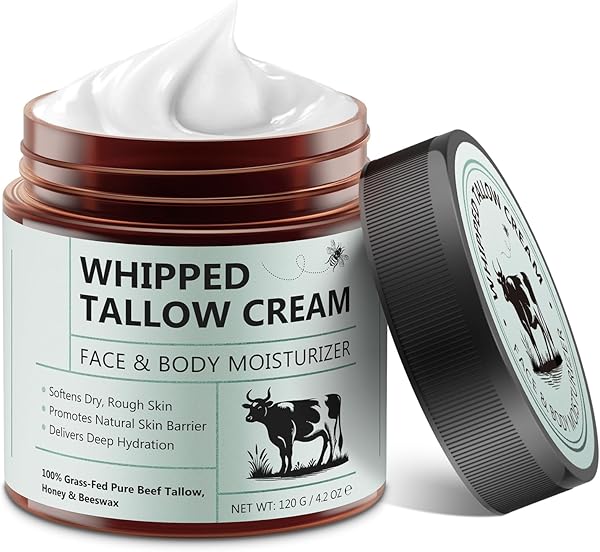 Beef Tallow Creme - Rindertalg Skincare, 100% Gras gefüttert reinen Rindertalg, Natürliche Honig Feuchtigkeitscreme für Gesicht Körper Tiefe Hydratation, Whipped Tallow Balm 120 G