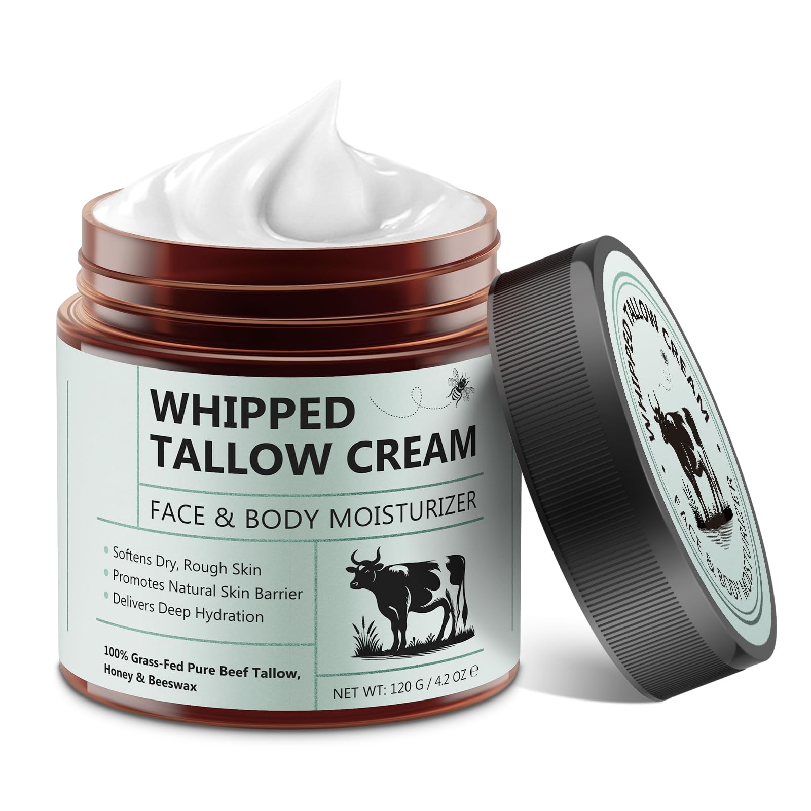 Rulviou 4.2oz Grass Fed Beef Tallow for Women and Girls, Organic Grass Fed and Finished Tallow For Skin - Face & Body(Unscented)