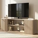 70" Modern Fluted TV Stand for TVs Up to 80", Faux Marble Top, Natural Oak | Entertainment Center, Media Console, TV Console, Adjustable Shelves, Hidden Storage, Cable Management, P2 Engineered Wood